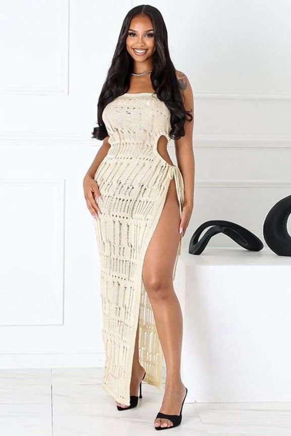 Elegant Crochet Cut-Out Side Slit Maxi Dress (M, LightBeige)