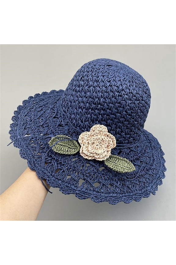 Elegant Crochet Hat With Ruffle Detail, Summer Beach Wide Brim Sun Hat, Foldable Hand-Woven Design, Blue One Size, Size One Size