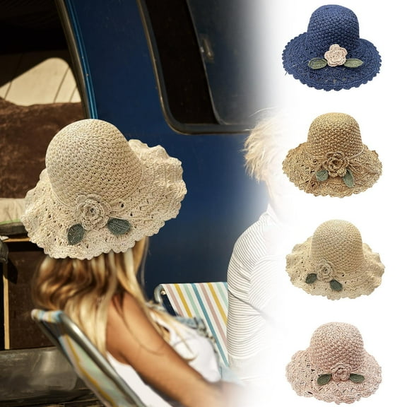 Elegant Crochet Straw Hat with Ruffle Detail, Womens Straw Hats for Summer Beach Wide Brim Sun Protection Hat in Spring and Summer Straw Hats Women Sunshade Flowers Sun Hat