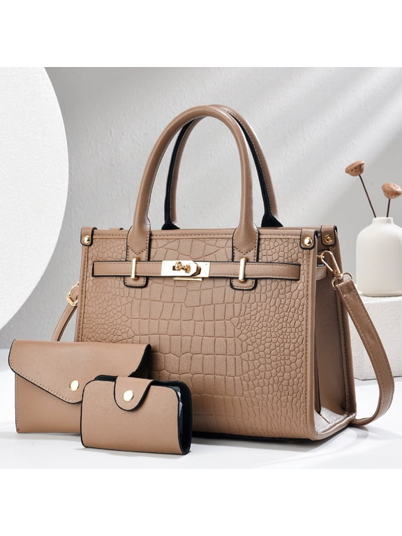 Elegant Crocodile Embossed 3-Piece Ladies Handbag Set, Lock Decor Structured Tote with Matching Purse & Mini Coin Pouch, Multi-Color Fashion Handbag