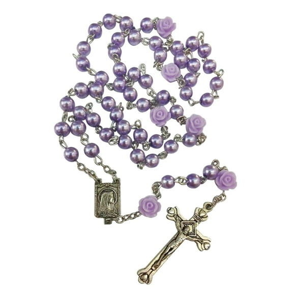 Elegant Cross Bead Necklace Rose Flower Glass Rosary Necklace Religious Jewelry Christian Prayer Beads Clavicle Chain