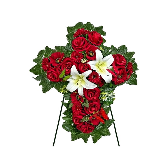 Elegant Cross Pattern Floral Arrangement for Memorial Garden and Cemetery Display Crafted from Durable ABS Weather Resistant Lifelike Design Lightweight Easy to Place for Commemorative Decor