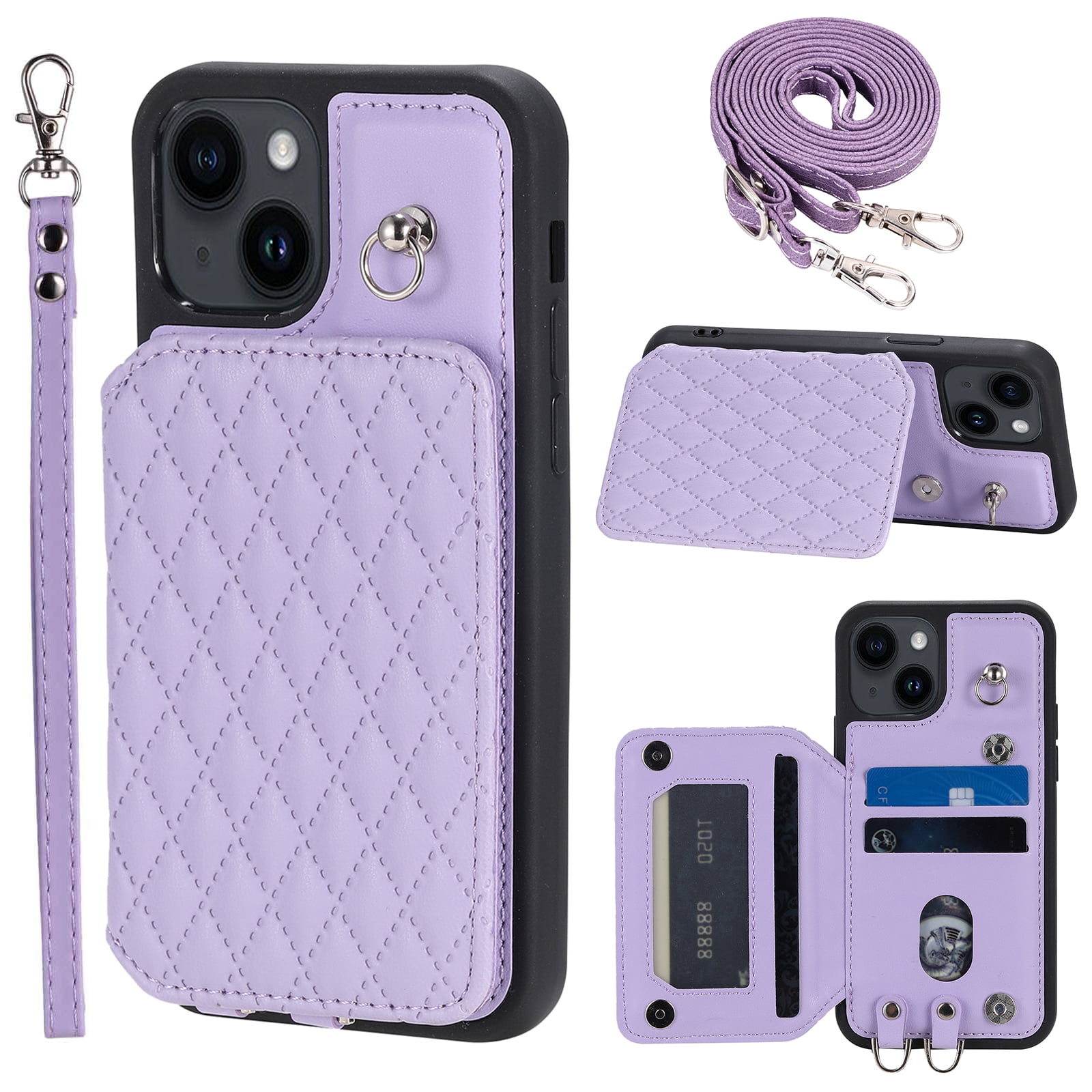 Elegant Crossbody Strap Wallet Case for Apple iPhone 15 with Card Holder, Shockproof Purse