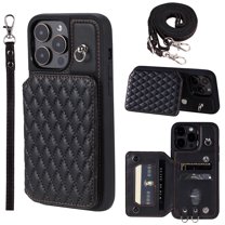 Elegant Crossbody Strap Wallet Case for Apple iPhone 15 Pro with Card Holder, Shockproof Purse Magnetic Closure Phone Cover with Wrist Strap for iPhone 15 Pro - Black