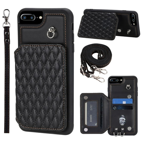Elegant Crossbody Strap Wallet Case for Apple iPhone 7 Plus/8 Plus with Card Holder, Shockproof Purse Magnetic Closure Phone Cover with Wrist Strap for iPhone 7 Plus/8 Plus - Black