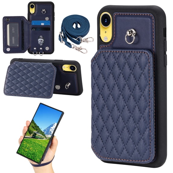 Elegant Crossbody Strap Wallet Case for Apple iPhone XR with Card Holder, Shockproof Purse Magnetic Closure Phone Cover with Wrist Strap for iPhone XR - Darkblue
