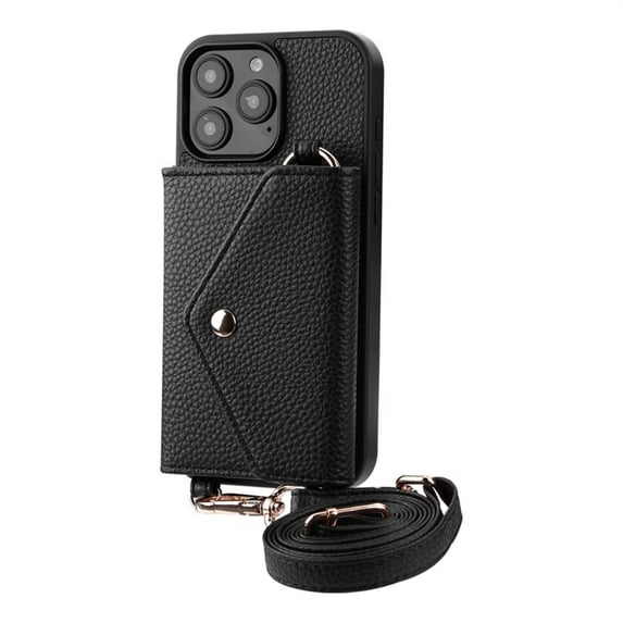 Elegant Crossbody Wallet Case Compatible with iPhone 16 Pro Max - Leather-Feel with Card Holder, Beauty Mirror, Kickstand & Shoulder Strap - Black