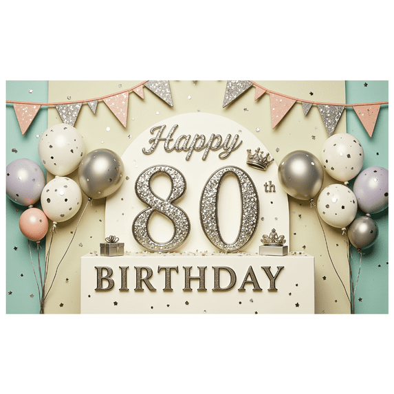 Elegant Crown Happy Birthday Banner Decorative Milestone 80th Celebration for Birthday Party Event Indoor