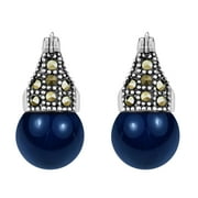 AERAVIDA Elegant Crowned Dark Blue Pearl and Marcasite Sterling Silver Dangle Earrings