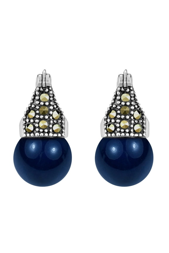 Elegant Crowned Dark Blue Pearl and Marcasite Sterling Silver Dangle Earrings