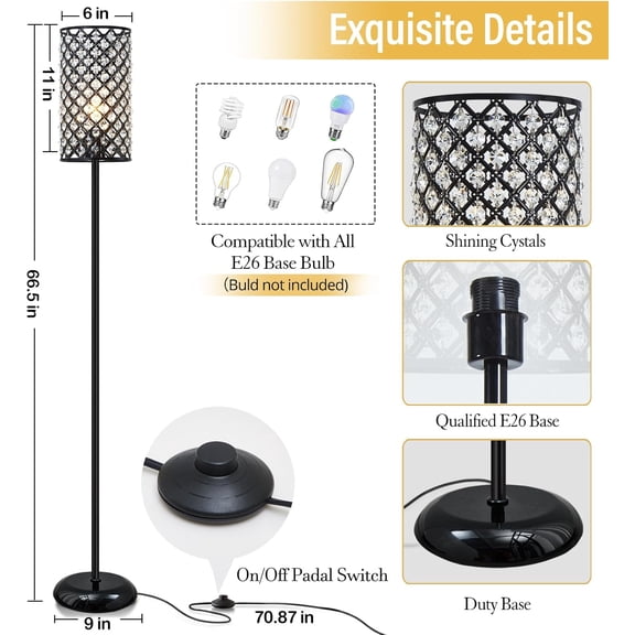 Elegant Crystal Floor Lamp, Modern Tall Standing Lamp with Shade and Black Base, Foot Switch On/Off, Accent Lighting for Bedroom, Living Room & Office