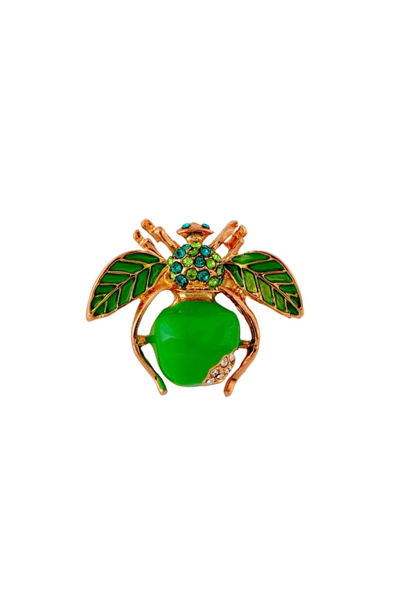 Elegant Crystal Rhinestone Fruit and Bee Brooch - Fashionable Gold Plated Fruit Insect Lapel Pins for Dresses and Accessories - Apple Green