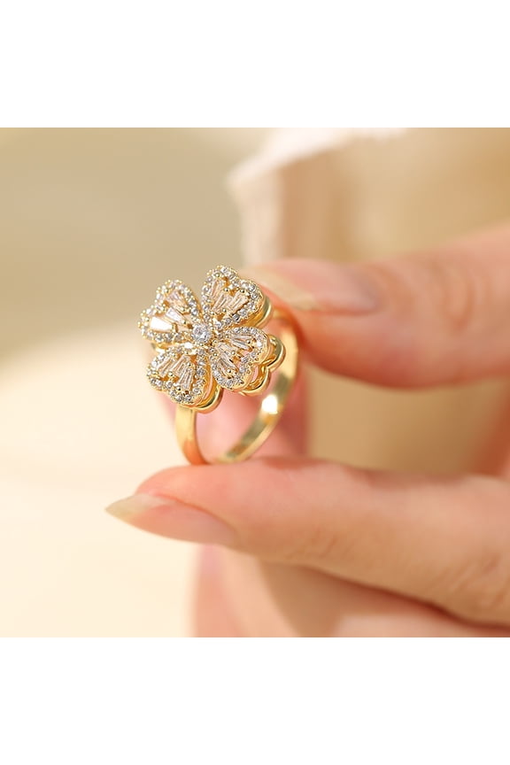 Elegant Crystal Rotating Clover Leaf Statement Ring for Women Stainless Steel Fashion Adjustable Love Hearted Flower Open Wrap Finger Rings Comfort Fit Lucky Anniversary Jewelry