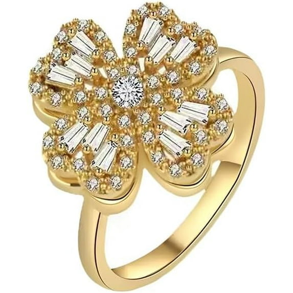 Elegant Crystal Rotating Clover Leaf Statement Ring for Women Stainless Steel Fashion Adjustable Love Hearted Flower Open Wrap Finger Rings Comfort Fit Lucky Anniversary Jewelry