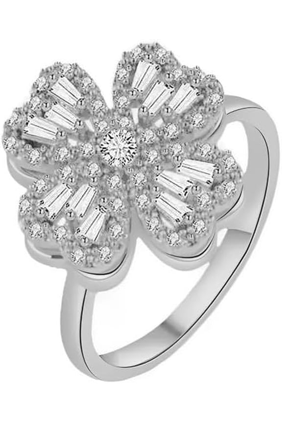 Elegant Crystal Rotating Clover Leaf Statement Ring for Women Stainless Steel Fashion Adjustable Love Hearted Flower Open Wrap Finger Rings Comfort Fit Lucky Anniversary Jewelry