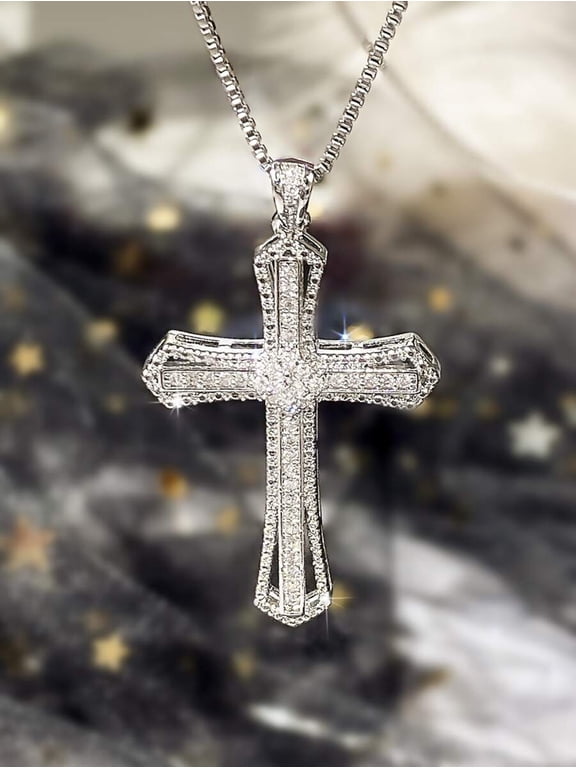 Elegant Cubic Zirconia Cross Pendant Necklace In Silver-2 Finish
