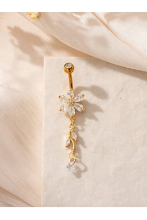 Elegant Cubic Zirconia Flower Dangle Belly Ring Yellow Gold-2