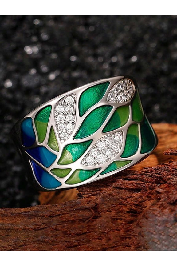 Elegant Cubic Zirconia Leaf Ring In Silvertone With Green Blue Enamel, Color Variant 6