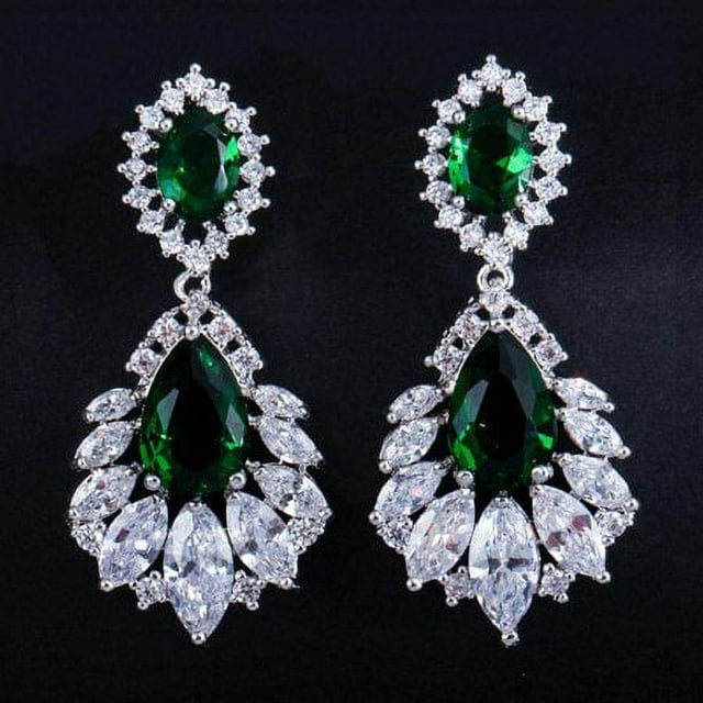 Elegant Cubic Zirconia Long Big Dangle Crystal Bridal Chandelier Drop Earring For Women Wedding Jewelry Green