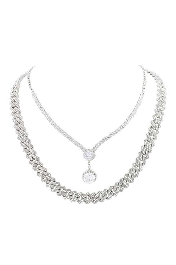 Elegant Cubic Zirconia Silver Bridal Necklace Set Two-Piece Chain with Pendant is Costume Accessories for Women (GJM 532 Silver Round)