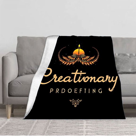 Elegant Cursive ' Creationary ' Flannel Blanket - Soft Cozy Durable Design with Intricate Wing Motif for Sofa Travel Bed Chair
