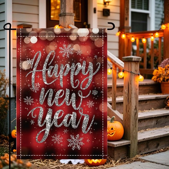 Elegant Cursive Happy New Year Garden Flag, Polyester,12x18 inch, Double Sided, Winter Seasonal Yard Ornament
