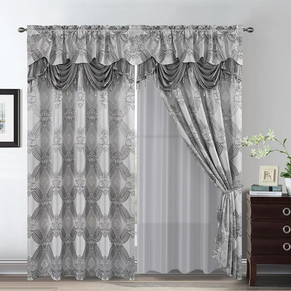 Elegant Curtains with Gold Silver Threads 2 Panels Set - Luxury Window Treatment Attached Valance, Sheer Backing, and 2 Tie Backs for Bedroom and Living Room, 54x84 inches, Silver