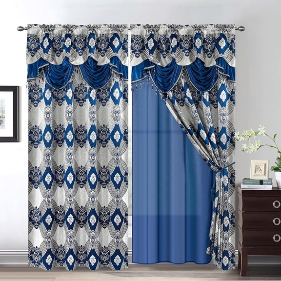 Elegant Curtains with Gold Silver Threads 2 Panels Set - Luxury Window Treatment Attached Valance, Sheer Backing, and 2 Tie Backs for Bedroom and Living Room, 54x84 inches, Navy