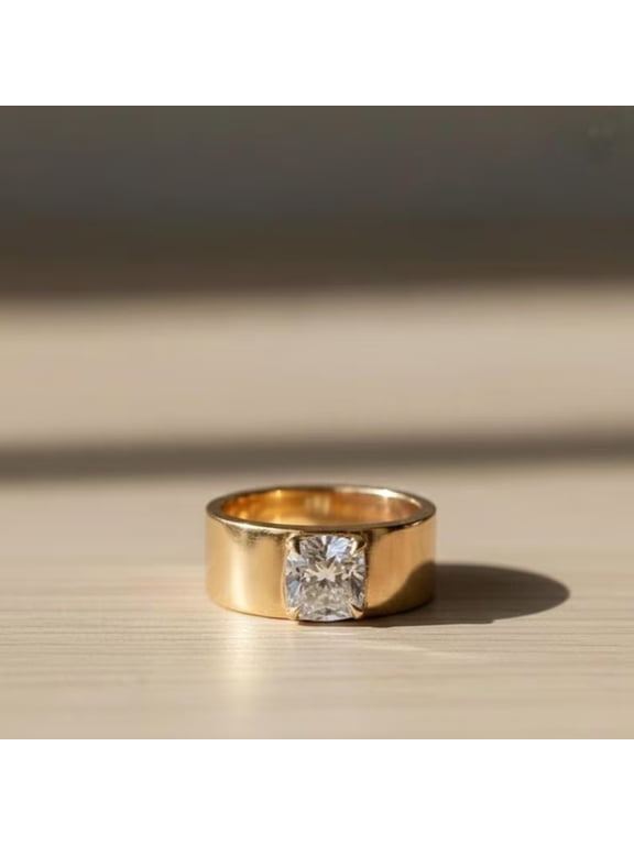 Elegant Cushion Cut Diamond Thick Band Ring, Solitaire Diamond Cigar Band Ring For Him, Single Stone Anniversary Ring, Promise Ring, Handmade Jewelry, Proposal Ring