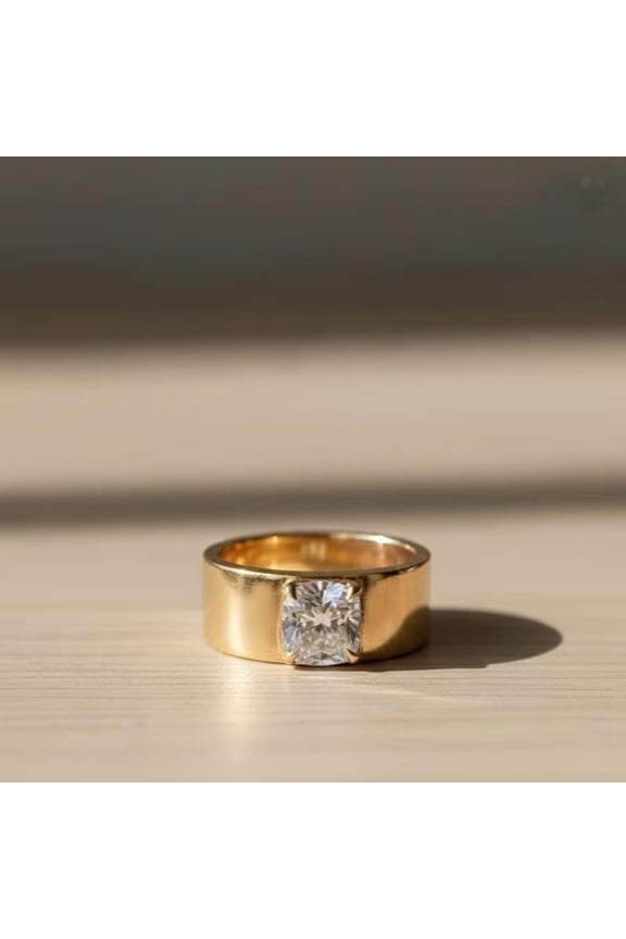 Elegant Cushion Cut Diamond Thick Band Ring, Solitaire Diamond Cigar Band Ring For Him, Single Stone Anniversary Ring, Promise Ring, Handmade Jewelry, Proposal Ring