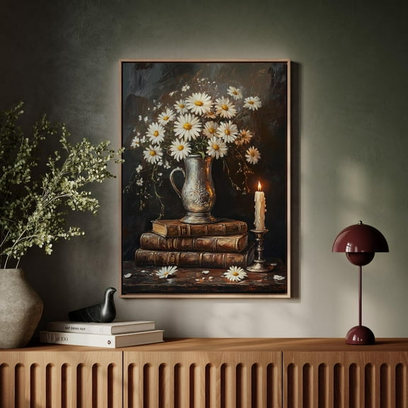 Elegant Daisy Still Life Art – Vintage Floral Arrangement With Candlelight And Antique Books For Timeless Home Decor Wall Art, Modern Wall Decor, 8x12 UNFRAMED