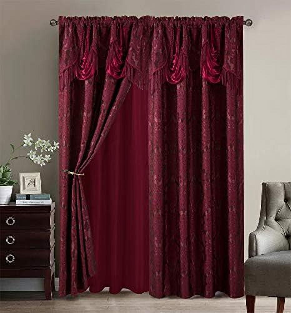 Elegant Damask Jacquard Window Curtain Set - 2 Drapes with Attached ...
