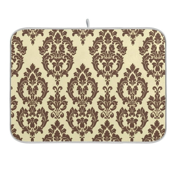 Elegant Damask Pattern Dish Drying Mat 16x18 Absorbent Microfiber Draining Rack Pad for Kitchen Counter Sink
