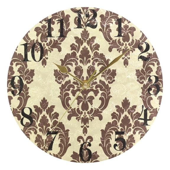 Elegant Damask Pattern Round Wall Clock Battery Operated Silent Non-Ticking Bedroom Office Kitchen Home School Decor 10"(Gold)