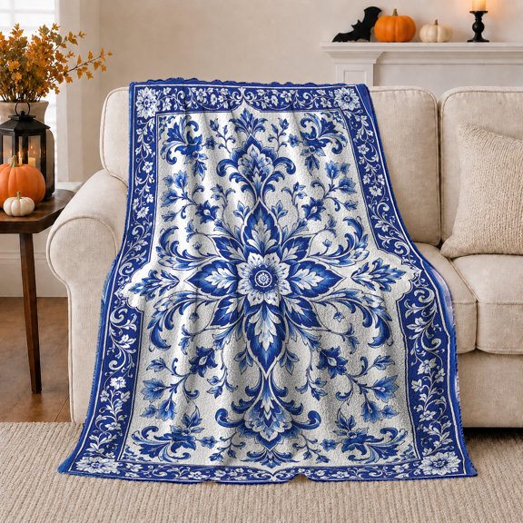 Elegant Damask Pumpkin Halloween, Festive Halloween Scene, Warm Flannel Blanket for Living Room and Family Room with Detailed Artwork, Art Lovers Halloween Gift, Festive Home Decor