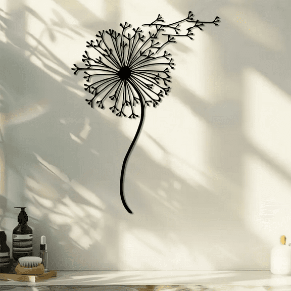 Elegant Dandelion Metal Wall Art, Black Floral with Gold Accents, Home Decor Piece
