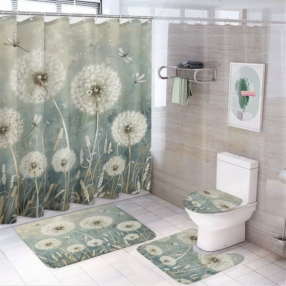 Elegant Dandelions And Dragonflies Shower Curtain 4 Piece Set with Non-Slip Rugs Toilet Lid Cover And Bath Mat Dandelion Dragonfly Waterproof Fabric Bath Curtain for Bathroom Decor Set