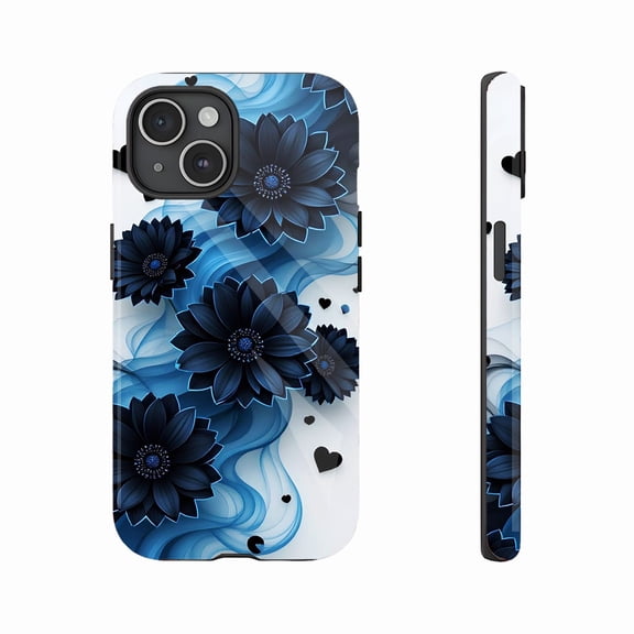 Elegant Dark Blue Floral Heart Smoke Design Protective Case Compatible with iPhone 11/12/13/14/15/16 (Pro Max/Plus) for Women Girls