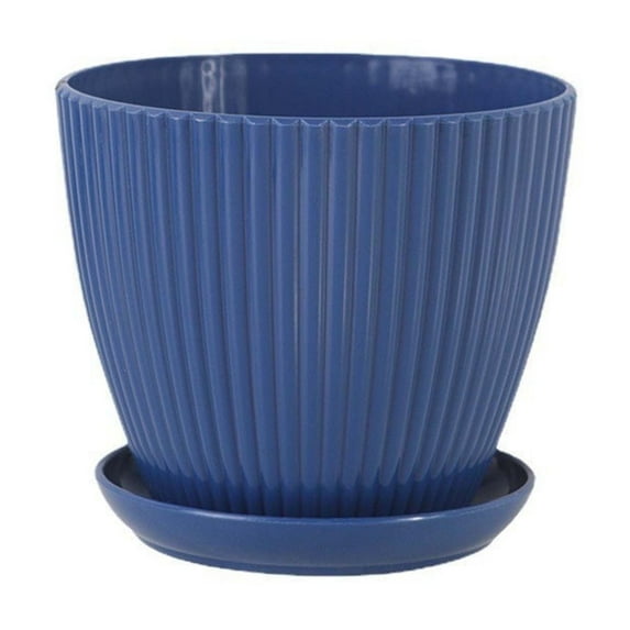Elegant Dark Blue Ribbed Plastic Planter with Saucer, 10cm Diameter, Durable and Lightweight for Indoor and Outdoor Use