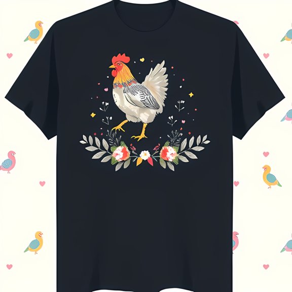 Elegant Dark Blue T-Shirt with Colorful Rooster and Flower Design for Farm Animal Lovers