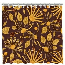 Elegant Dark Brown Shower Curtain with Golden-Yellow Floral Pattern Like Decor