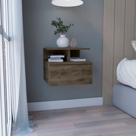 Elegant Dark Brown Wall Mounted Nightstand With Contemporary Single Drawer And Functional 2 Shelf Setup Walnut Floating Practical Storage