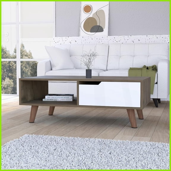 Elegant Dark Brown & White Manufactured Wood Coffee Table for Living Room – Drawer & Open Shelf Storage