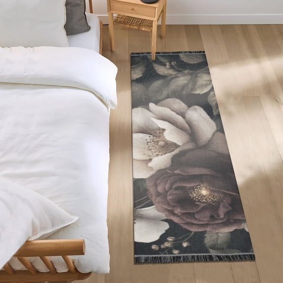 Elegant Dark Floral Design Bedroom Runner Rug 2'x 6' Non Slip Carpet Indoor Home Area Rug Living Room