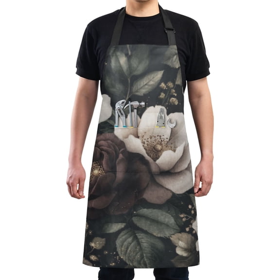 Elegant Dark Floral Design Chef Kitchen Apron with Pockets for Women Waterproof Aprons for Cooking Baking
