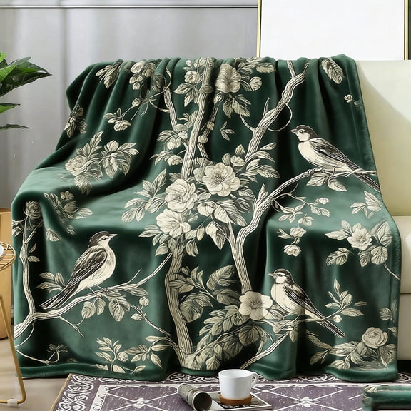 Elegant Dark Green Floral and Bird Printed Throw Blanket | Polyester Flannel, Machine Washable, All Seasons, Contemporary Style
