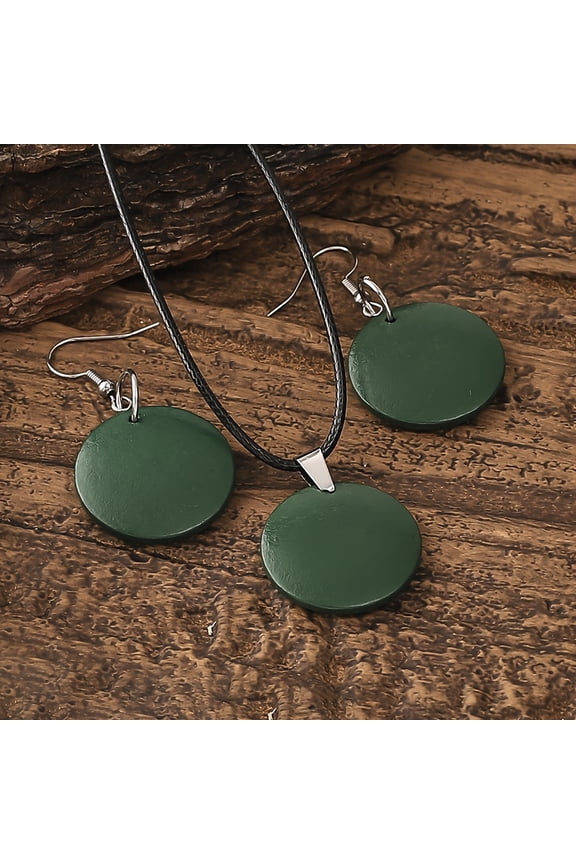 Elegant Dark Green Round Pendant Jewelry Set, Vintage Bohemian Style Women's Accessories, Novelty Wooden Earrings and Necklace Combo, Perfect Gift for Best Friends/Sisters, Ideal for Outdoor and