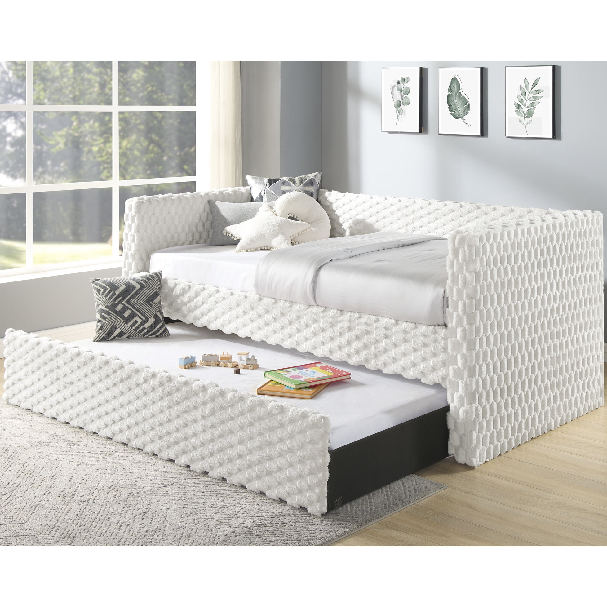 Elegant Daybed With Pull Out Trundle Feature, Soft White Textured ...