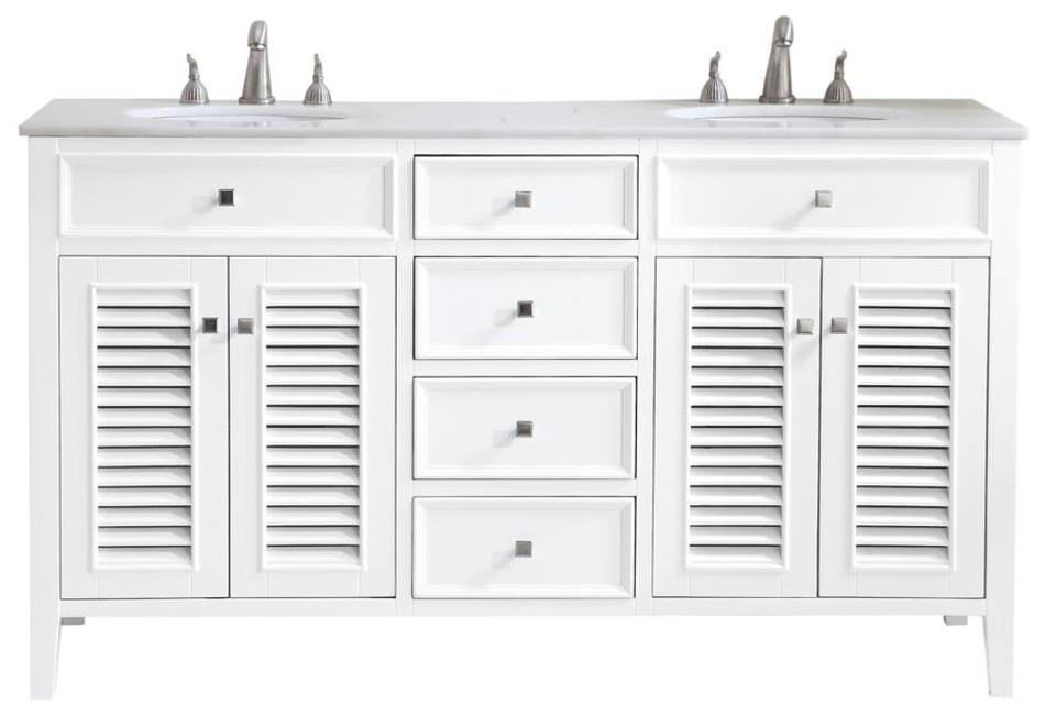 White Double Freestanding Vanity with Marble Top and Porcelain Sinks