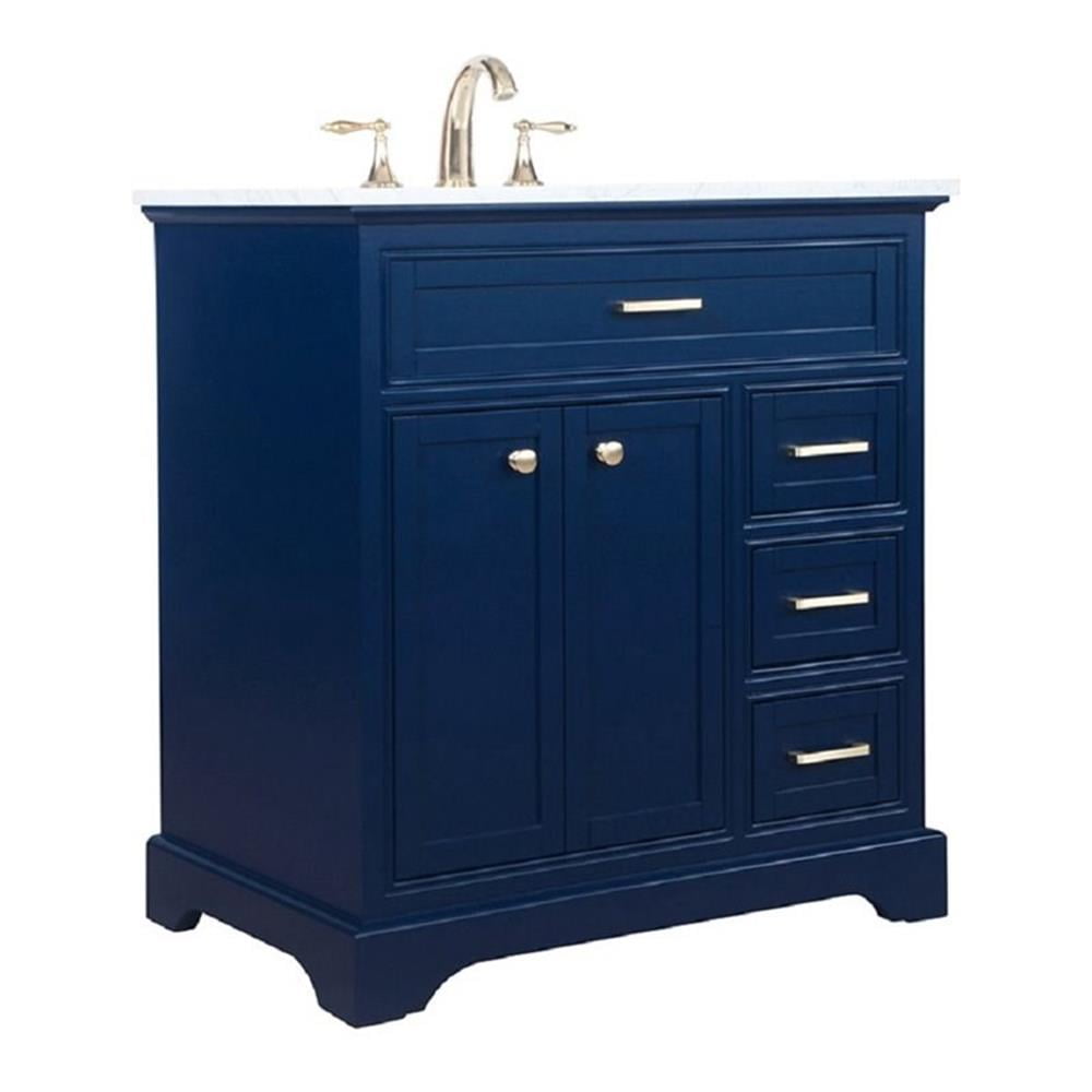 32" Blue Solid Wood and MDF Bathroom Vanity with Carrara Marble Top